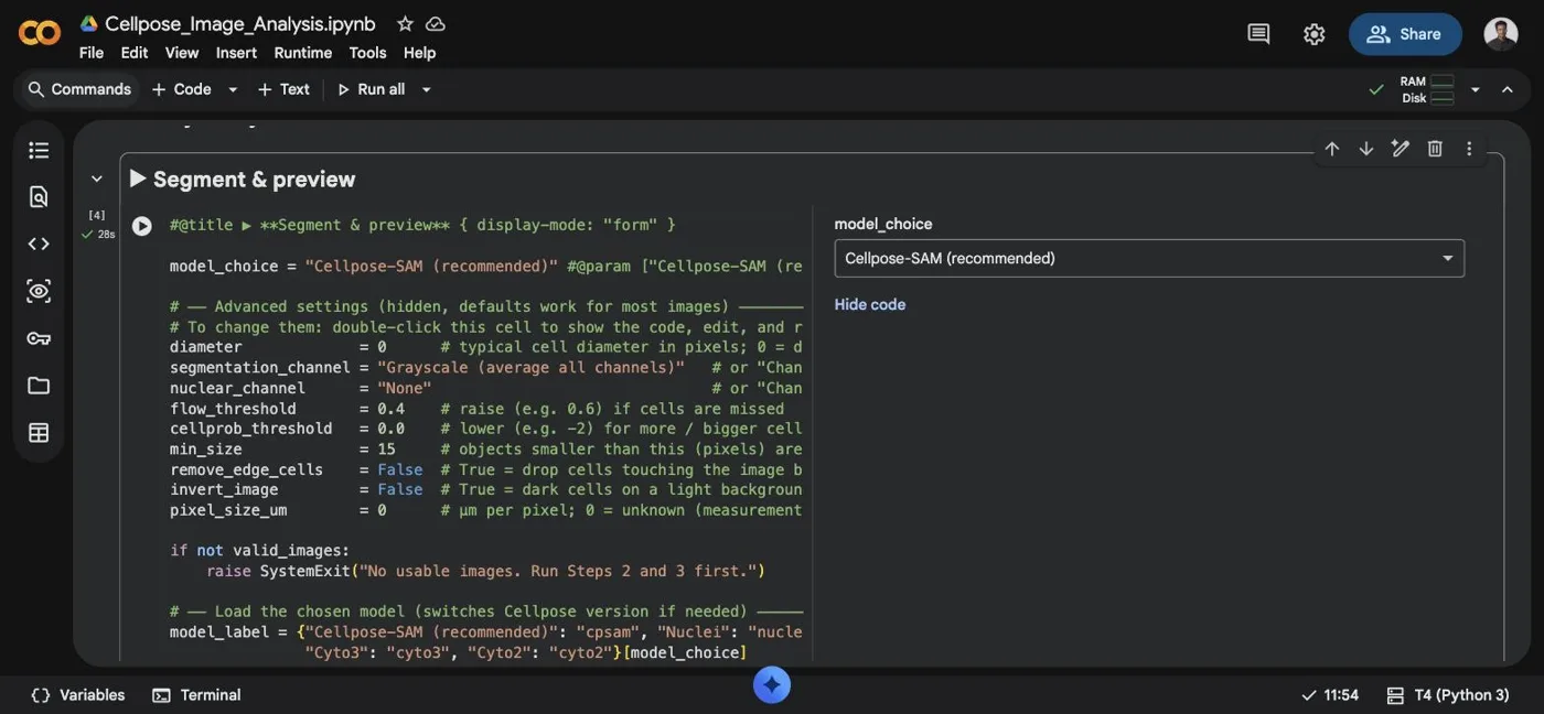 Show code reveals the commented code beside the form, including the advanced settings